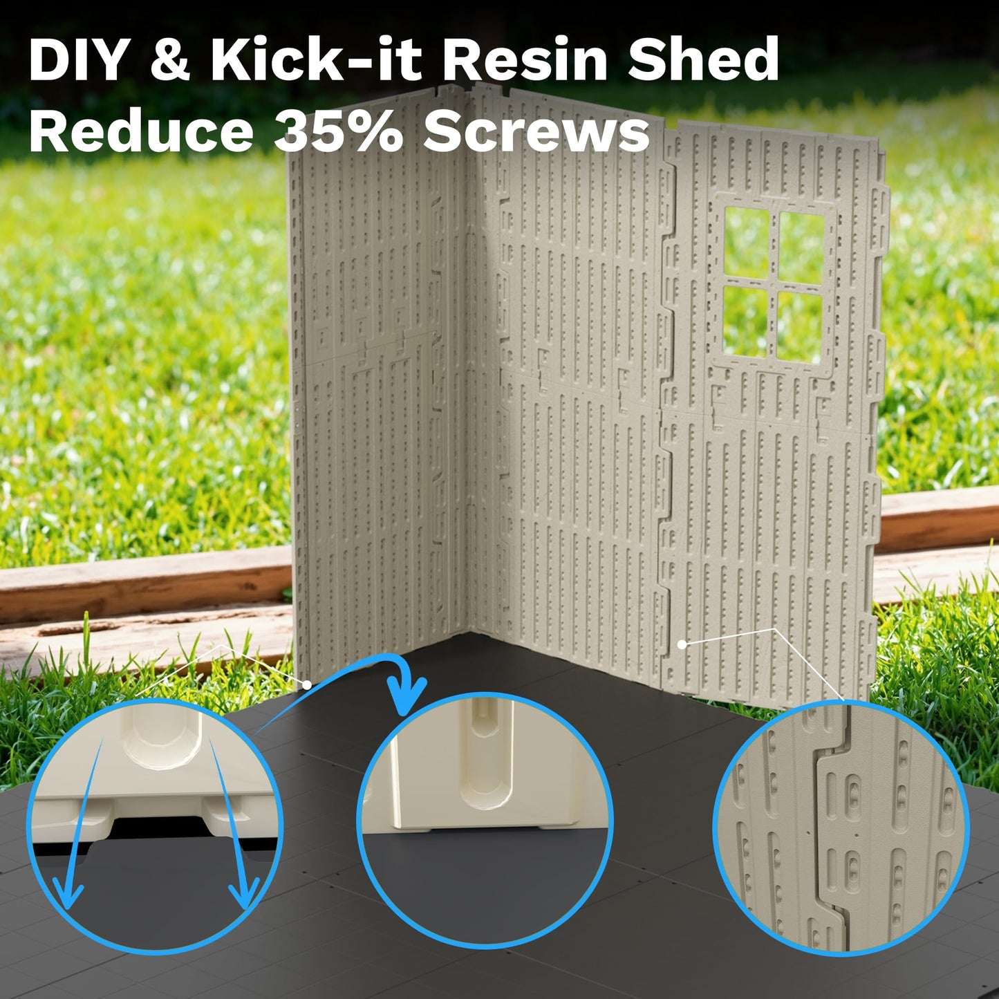 Devoko 8 x 8 FT Plastic Storage Shed with Floor, Outdoor Resin Tool Shed with Lockable Door & Sloping Roof, Patio Kick-it Shed for Garden, Backyard, Lawn, Beige
