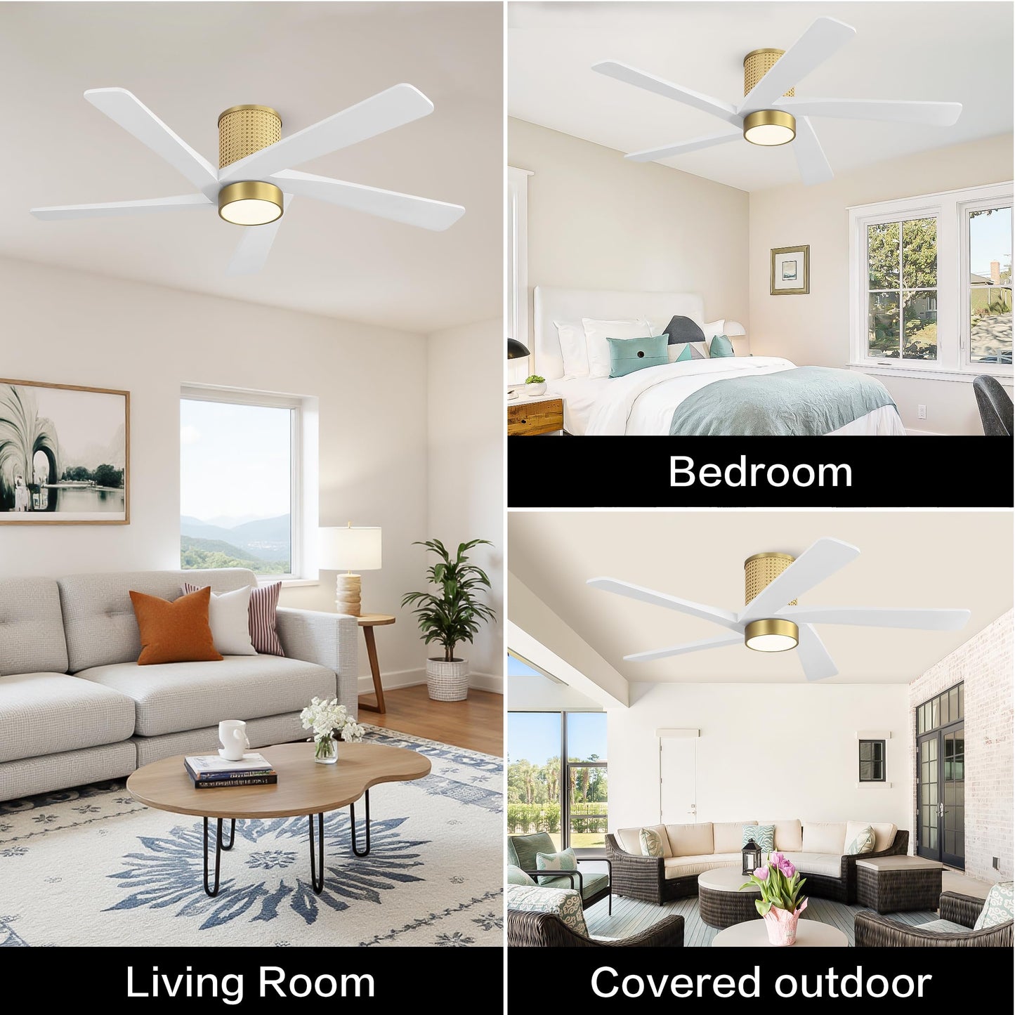 WINGBO 54 Inch Flush Mount Rattan Ceiling Fan, 3CCT Dimmable Light, 5 Carved Wood Blades, 6-Speed Reversible DC Motor, Modern Ceiling Fans for Indoor, Aged Brass Finish and White Blades