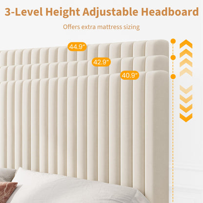 Garvee King Size Velvet Bed Frame, Vertical Channel Tufted Headboard, Height Adjustable, Upholstered Platform Bed, No Box Spring Needed, Beige