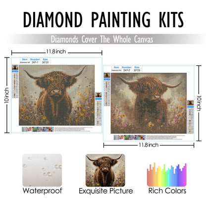 RLTXBUK 2 Pack Vintage Moody Highland Cow Diamond Art Kits, Gifts for Cow Lovers, Farmhouse Wildflowers Highland Cattle Gem Diamond Painting Art Kits for Adults Kids Beginners, 9.8x11.8 Inch