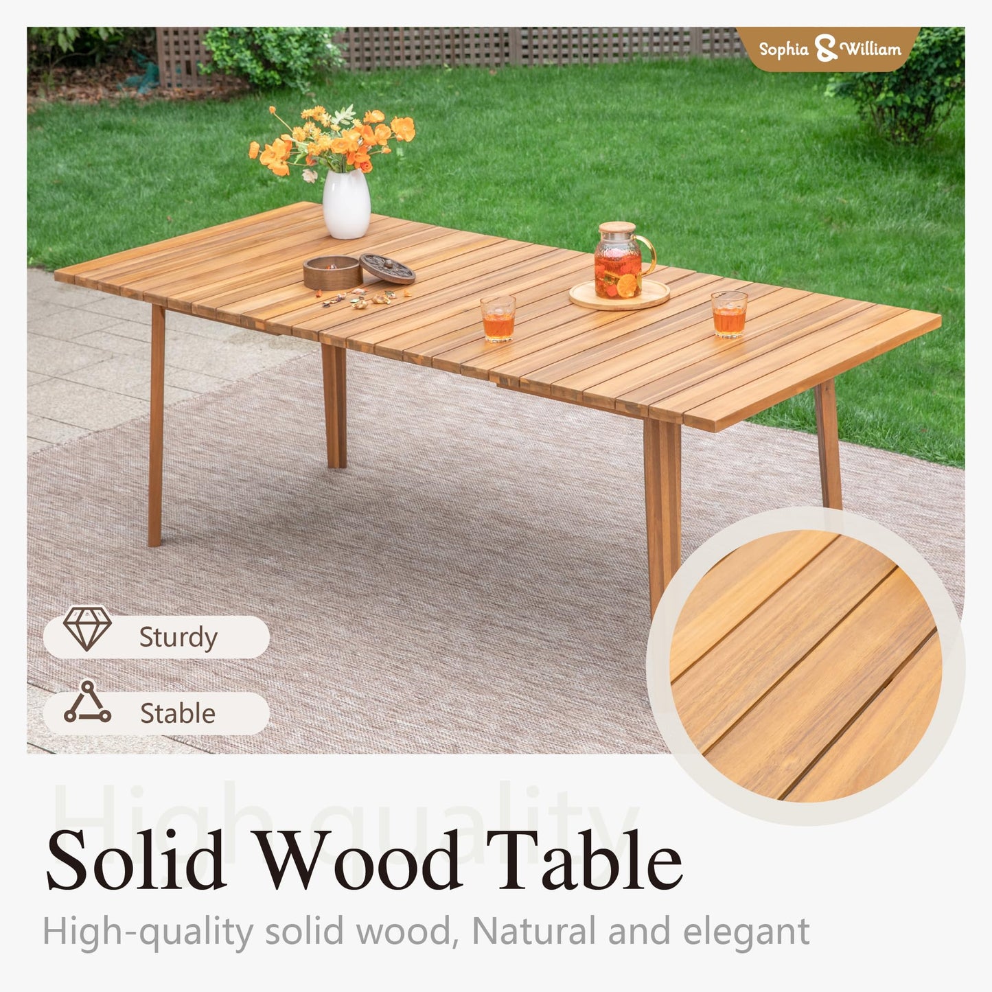 Sophia & William Outdoor Dining Set, Wooden Patio Table and Chairs Set, Rattan Furniture Set of 8 Rattan Chairs and 1 Acacia Wood Rectangular Table for Yard, Garden, Porch and Poolside