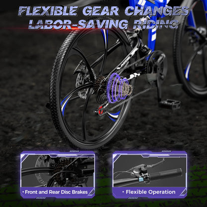 MarKnig 26 Inch Adult Folding Bikes/Mountain Bikes, 21 Speeds Mountain Bicycles with Full Suspension, Dual Disc Brake, High Carbon Steel Frame, Foldable Bike for Men/Women/Teen, Blue
