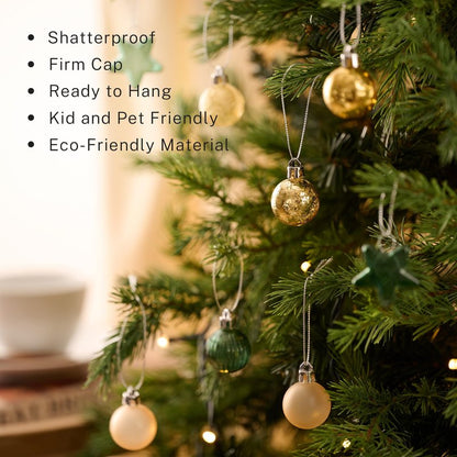 DecorbyHannah Mini Christmas Tree Ornaments, 35ct 1.18inches Green Gold Christmas Ball Ornaments for Tree Decorations, Small Clear Shatterproof Plastic Hanging Balls Bulk for Xmas, Party, Wedding