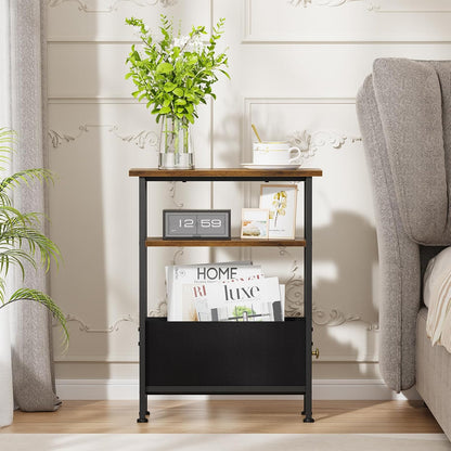 1 3-Tier Narrow Small Side Table, End Table with Fabric Drawer and Storage Shelf, Skinny Nightstand, Slim Bedside Table