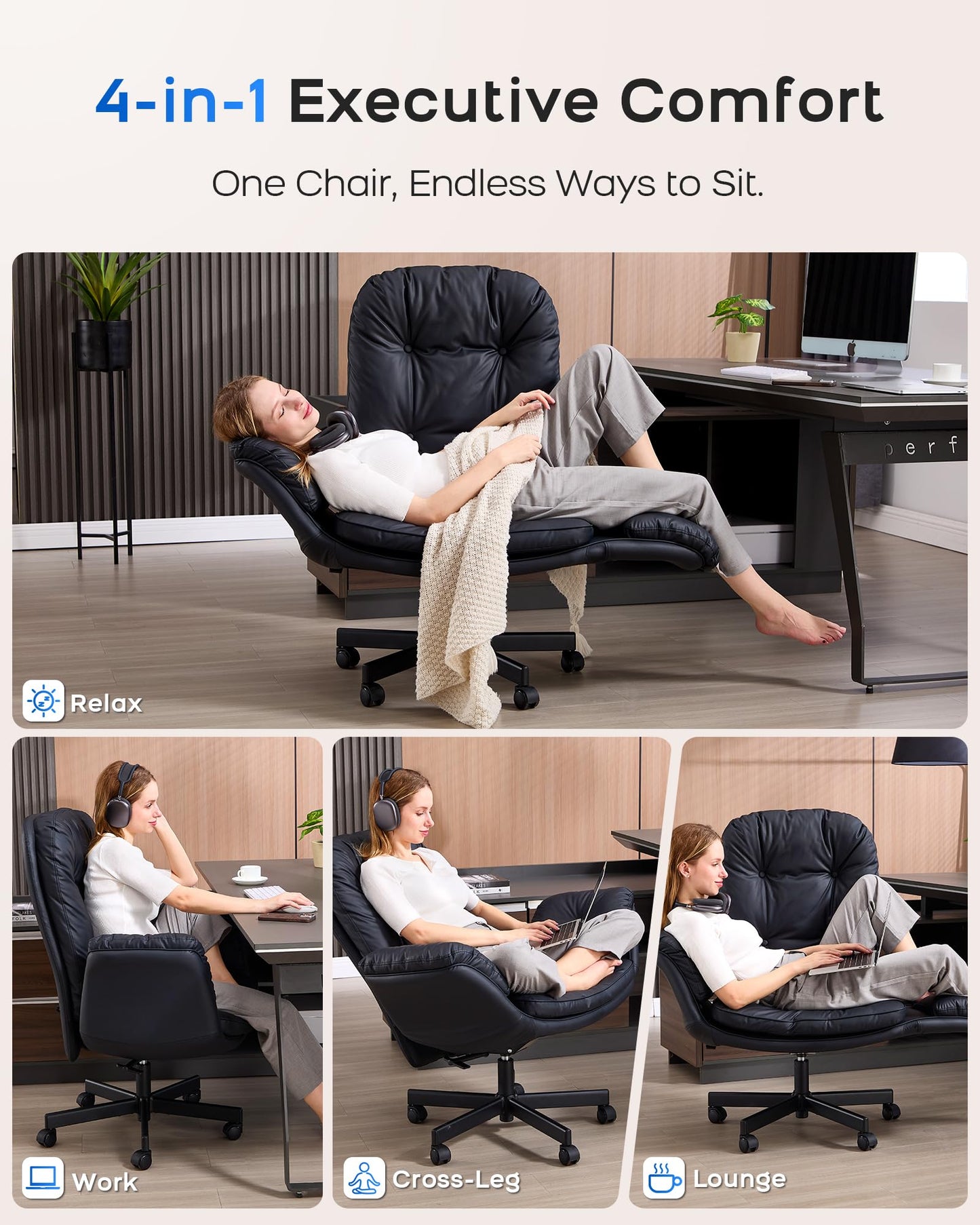 LukkDys Executive Office Chair, Big & Tall 400 lbs Capacity, Wide Seat, PU Leather, 5-Gear Lay-Flat Armrests (90°–180°) for Cross-Legged Comfort, 90–115° Recline, High Back Desk Chair, Black