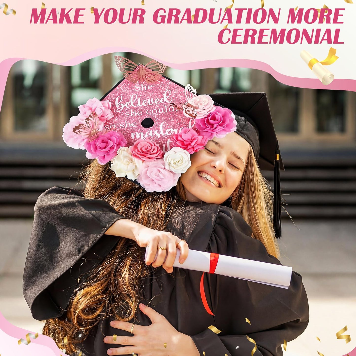 Gersoniel 34 Pcs DIY Graduation Cap Decorations Kit Included Artificial Flowers Inspirational Cardstock 3D Butterfly Alphabet Letter Stickers for 2026 Grad Party DIY Hat Grad Cap Topper(Pink)