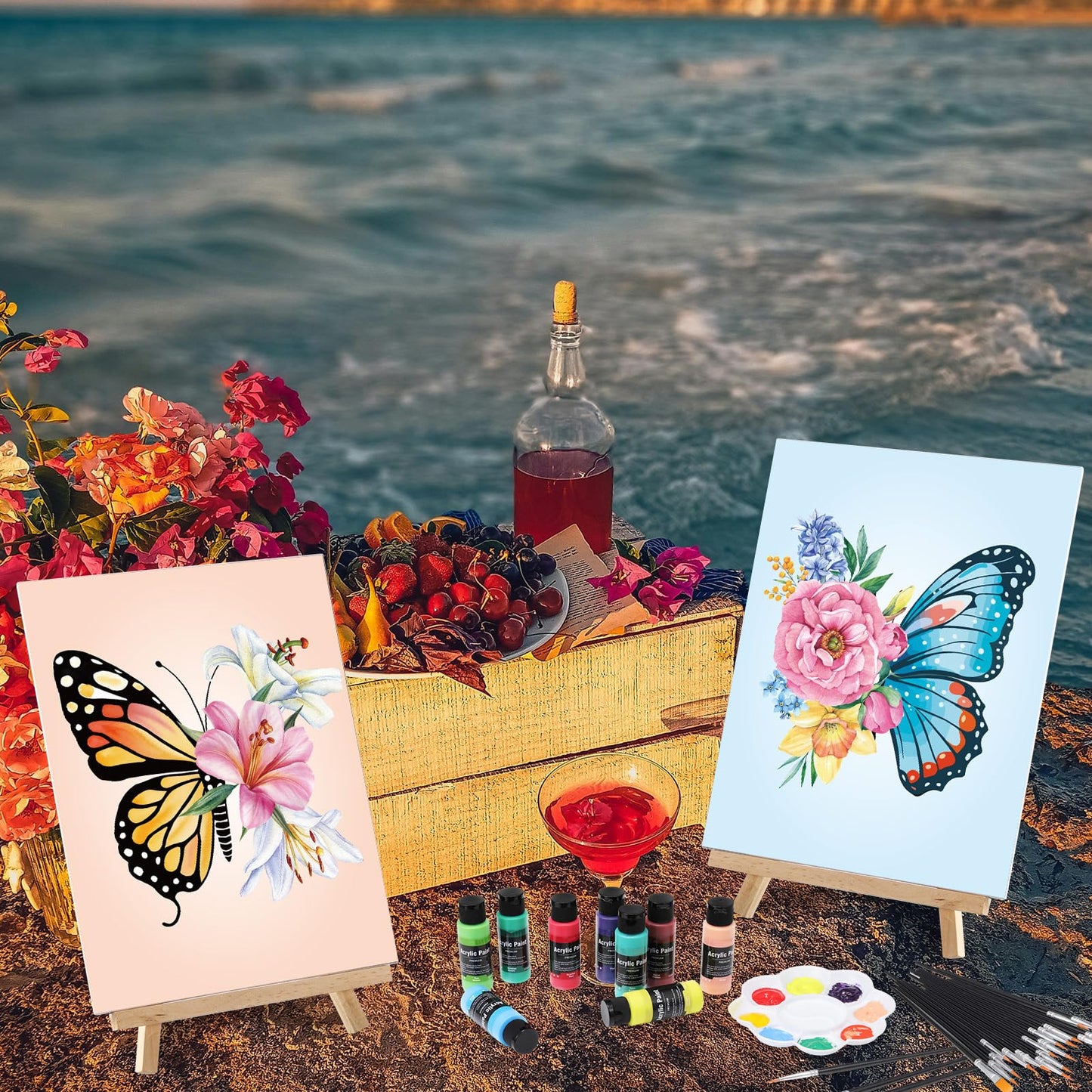 AmazingSpark 12 Set Paint and Sip Kit for Adults 8"x 10" Pre Drawn Canvas for Painting DlY Acrylic Paint Set with Brushes, 24 Colors(60ml, 2oz) for Date Night Party Supplies(Butterfly)