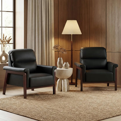 STHOUYN Oversized Leather Accent Chair, Mid Century Modern Office Arm Chair with Solid Wood Legs & High Backrest, Comfy Upholstered Side Sofa Chair for Living Room, Waiting Room, Bedroom (2, Black)