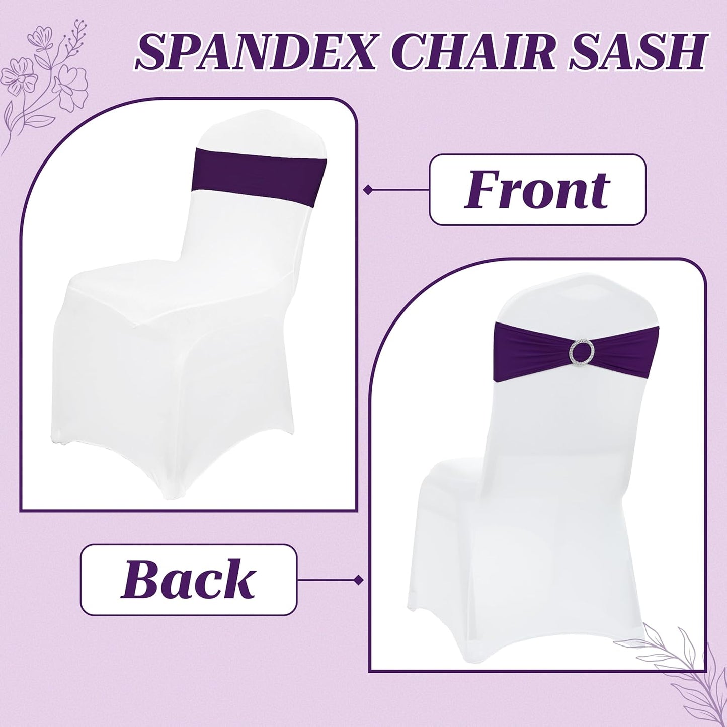 MDS Spandex Chair Sashes - Pack of 125 Elastic Stretch Bows with Buckle Slider for Wedding Decor - Purple