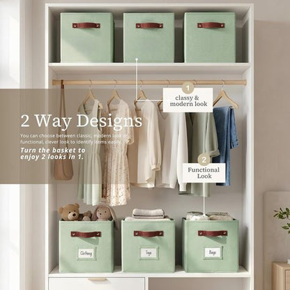 DECOMOMO Storage Bins - Fabric Cube Storage Bins with Labels for Shelves | 10.5" x 11" | 2pcs, Sage Green