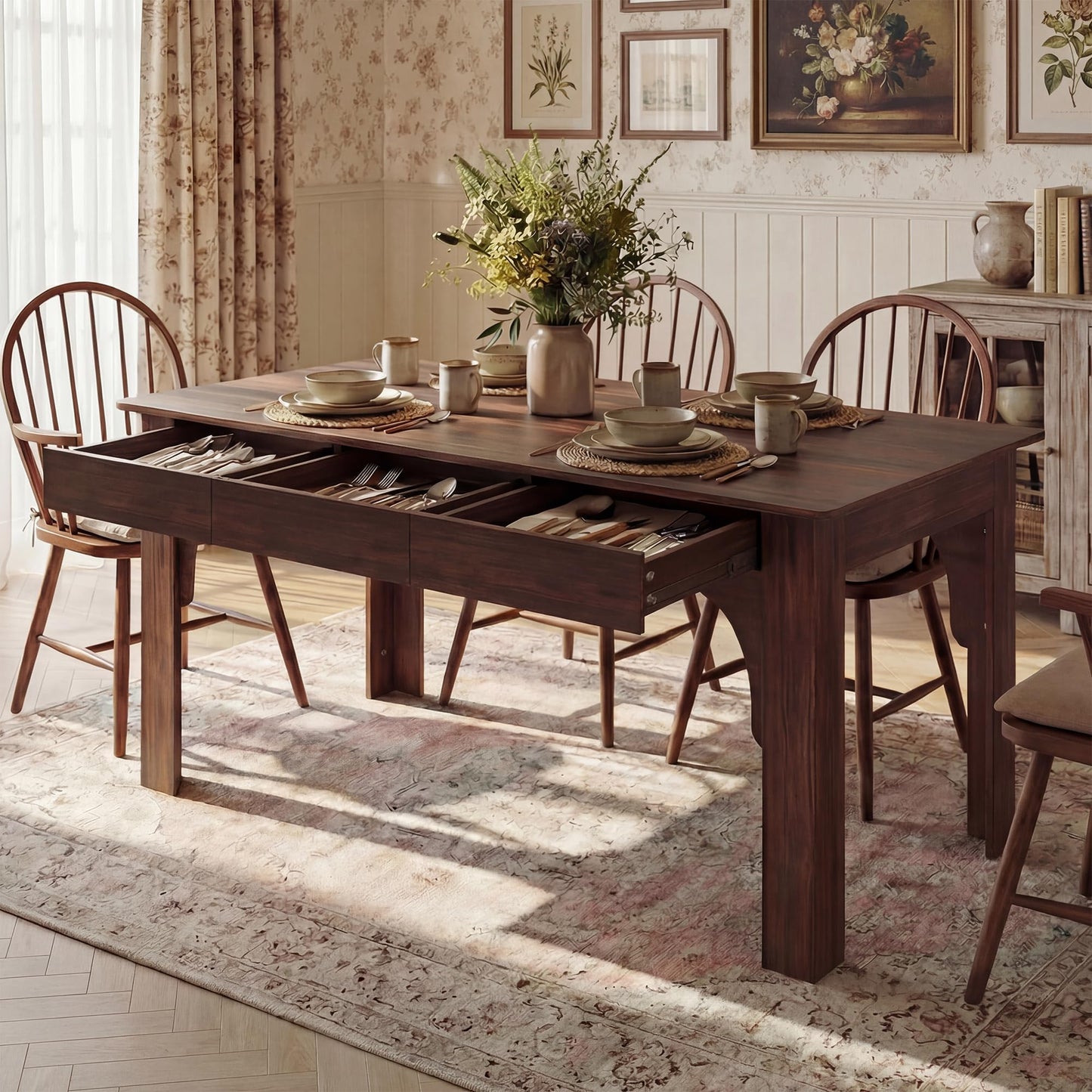 HOMSETTIE Farmhouse Dining Table for 6-8 People, 68.9" Rustic Kitchen Table with 6 Drawers, Long Rectangle Dinner Table with Wood Grain for Dining Room, Brown