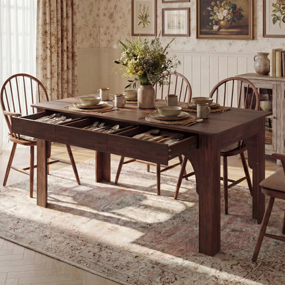 HOMSETTIE Farmhouse Dining Table for 6-8 People, 68.9" Rustic Kitchen Table with 6 Drawers, Long Rectangle Dinner Table with Wood Grain for Dining Room, Brown