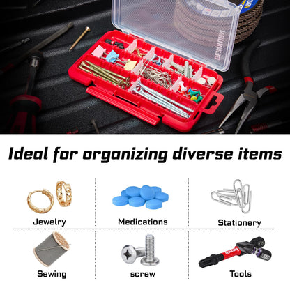 Geinxurn Small Flat Storage Parts Organizer, 4Pcs Red Portable Transparent Plastic Small Parts Tools Box with Removable Dividers, Screwdriver Bit Cases Storage(4 Pieces)