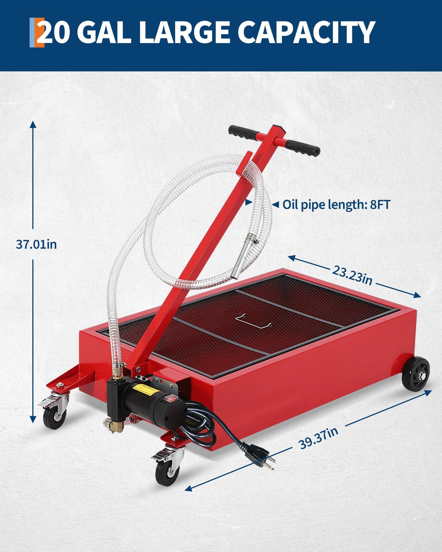GarveeTech Low Profile Oil Drain Pan 110V, 20 gal Metal Oil Change Pan Cart with 180W Electric Pump, 8 ft Hose & Folding Handle for Cars, SUVs, Trucks, Buses, RVs, Red