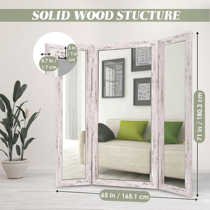 Houseables Trifold Mirror Full Length, 3 Way Mirror, Floor Length, Three Way Folding, Standing, Full Body, Wood Framed, 3 Sided for Bedroom, Makeup, Oversized, Foldable, White, 71 x 32 to 65 Inch