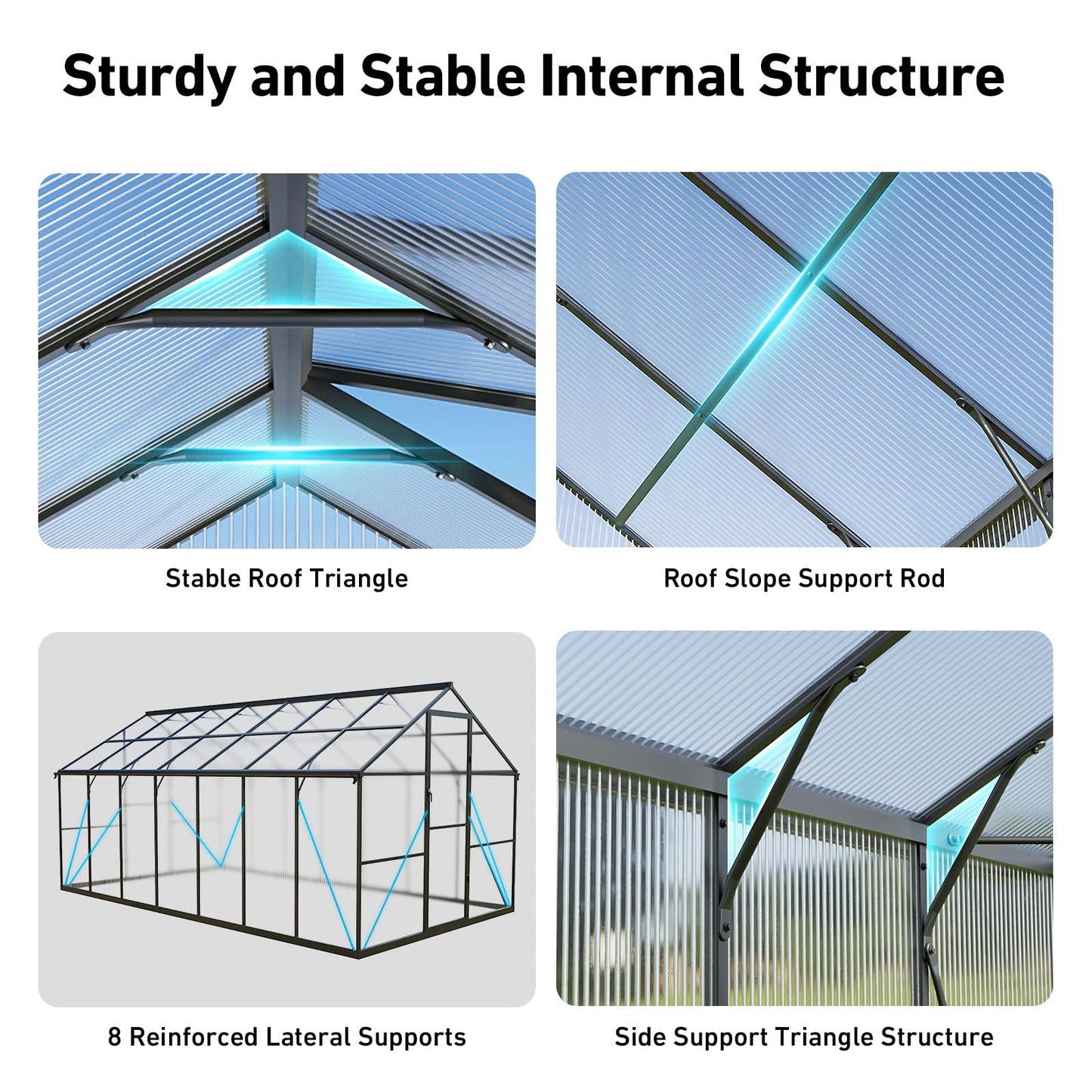 SYLVIERA 8x14FT Walk-in Greenhouse with Hygrometer,Polycarbonate Green House with UV Protection, Heavy Duty Greenhouse with Windproof Aluminum Frame, Roof Vent & Quick-Install Design