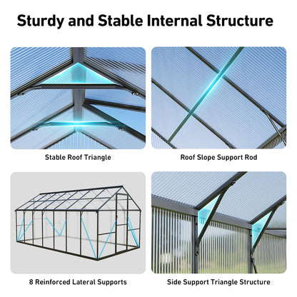 SYLVIERA 8x14FT Walk-in Greenhouse with Hygrometer,Polycarbonate Green House with UV Protection, Heavy Duty Greenhouse with Windproof Aluminum Frame, Roof Vent & Quick-Install Design