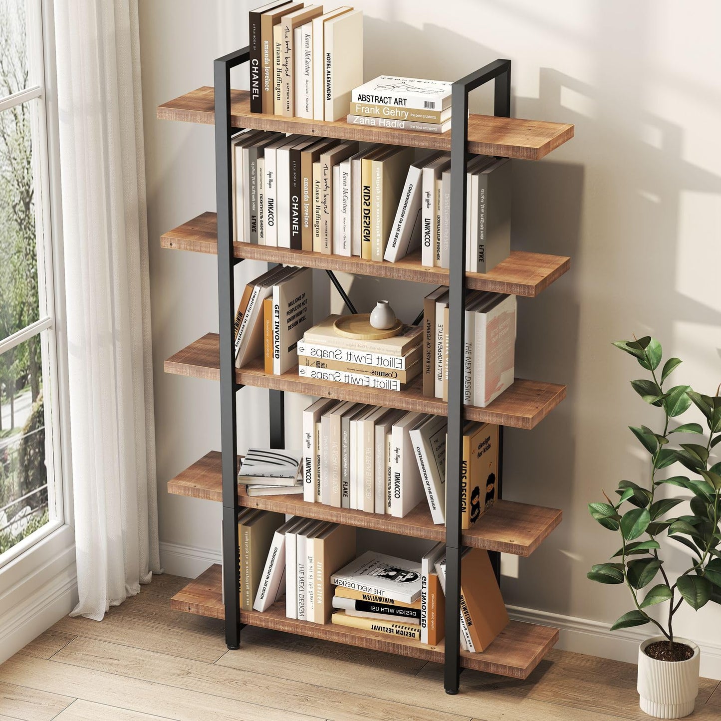 HSH 5 Tier Solid Wood Bookshelf, Natural Real Wood Bookcase, Industrial Rustic Vintage Etagere Bookshelf, Open Metal Farmhouse Solid Wooden Book Shelf, Distressed Brown