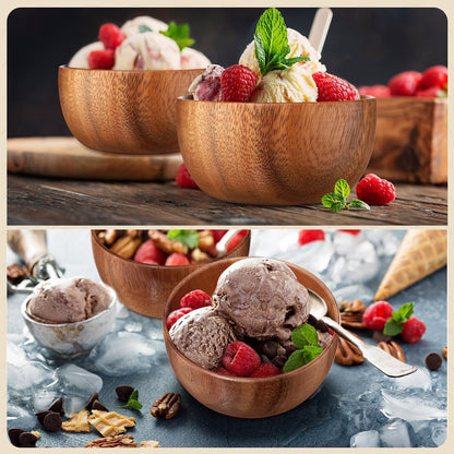 Skylety 5in 8pcs Acacia Wooden Bowls Small Calabash Bowls Round Wood Salad Hand Carved Calabash Dip Tray for Serving Popcorn Pasta Candy Cereal Coconut Nuts Sauce Appetizers Kitchen