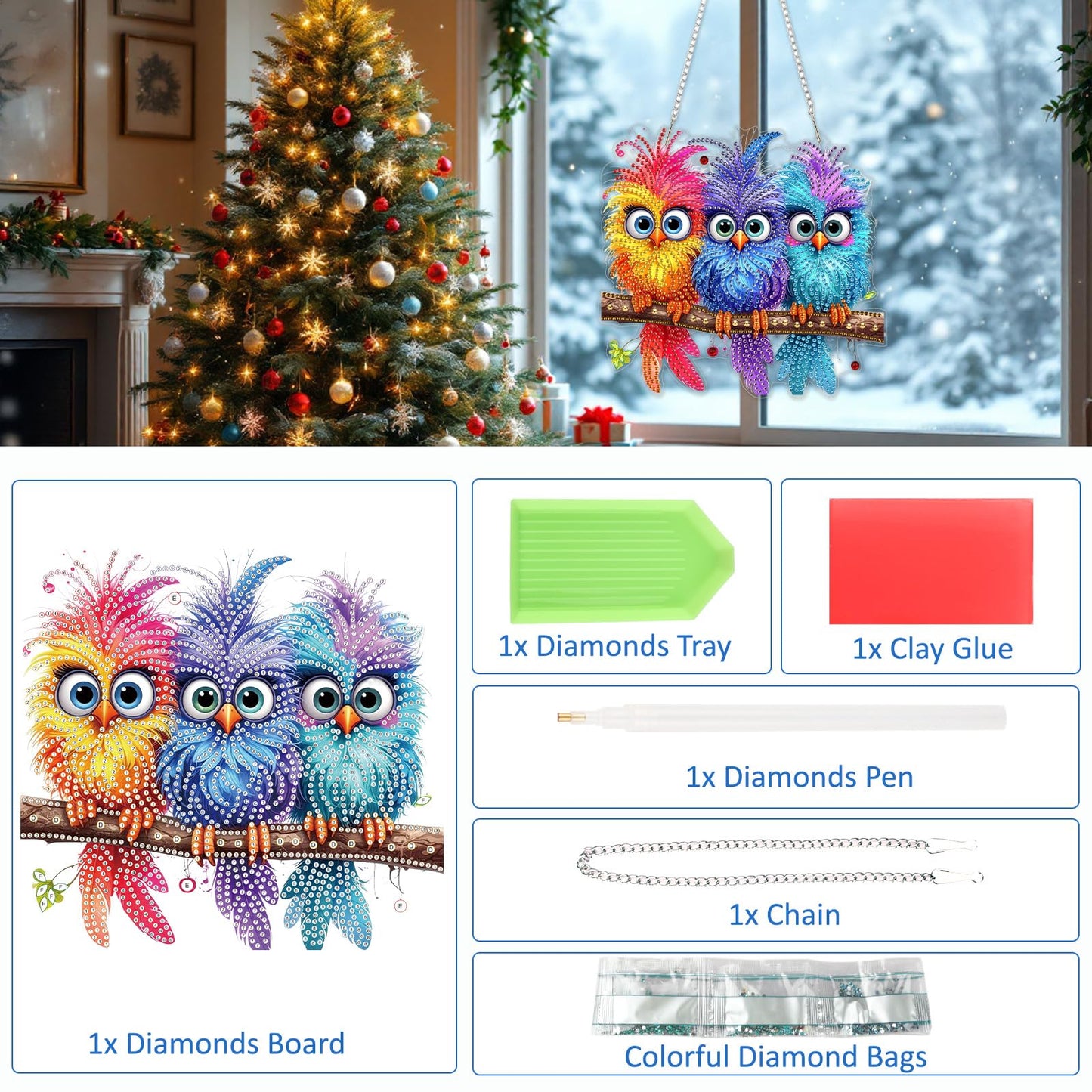 SENQAO Bird Diamond Art Hanging Kits for Adults Kids, Double Sided DIY Acrylic Diamond Art Painting Window Pendants Home Garden Wall Hanging Kits Hanging Ornament