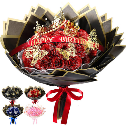 Thiccywoov 50 Pcs Glitter Roses Bouquet Graduation Artificial Rose DIY Flower Bouquet Kit Flower Wrapping Paper 3D Butterflies Crowns for Mom Mother Teacher Birthday (Red)
