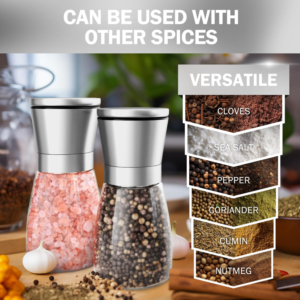 Home EC Original Stainless Steel Sea Salt and Pepper Grinder Set of 2 - Adjustable Ceramic - Glass Salt and Pepper Shakers - Kitchen Pepper Mill & Salt Mill W/Funnel & EBook