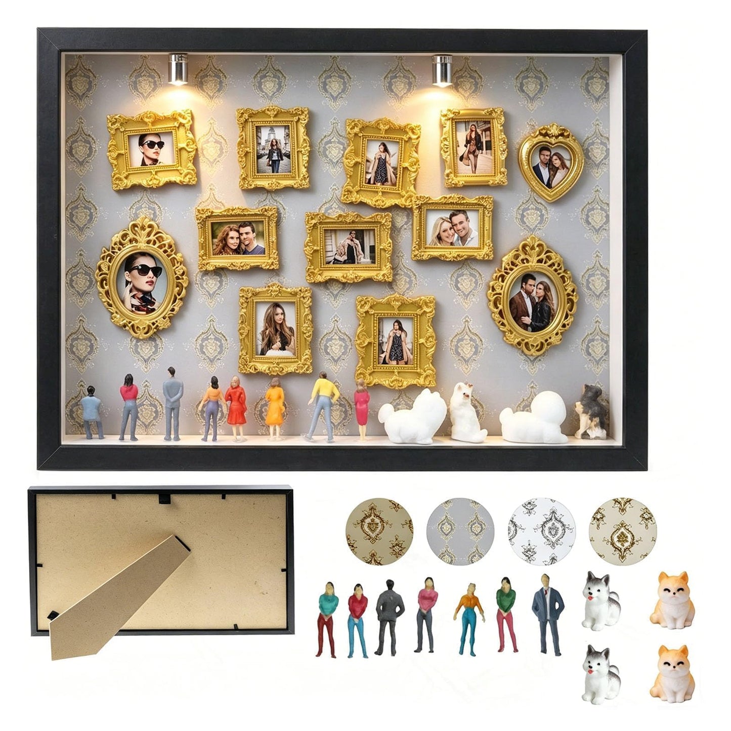 All-in-One DIY Shadow Box Kit,Mini Gold Frames with Museum of Figurines | LED-Illuminated Silhouette Box Memory Collage | Anniversary/Wedding Eco-Friendly Decor Gift (F Style)