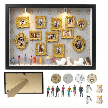 All-in-One DIY Shadow Box Kit,Mini Gold Frames with Museum of Figurines | LED-Illuminated Silhouette Box Memory Collage | Anniversary/Wedding Eco-Friendly Decor Gift (F Style)
