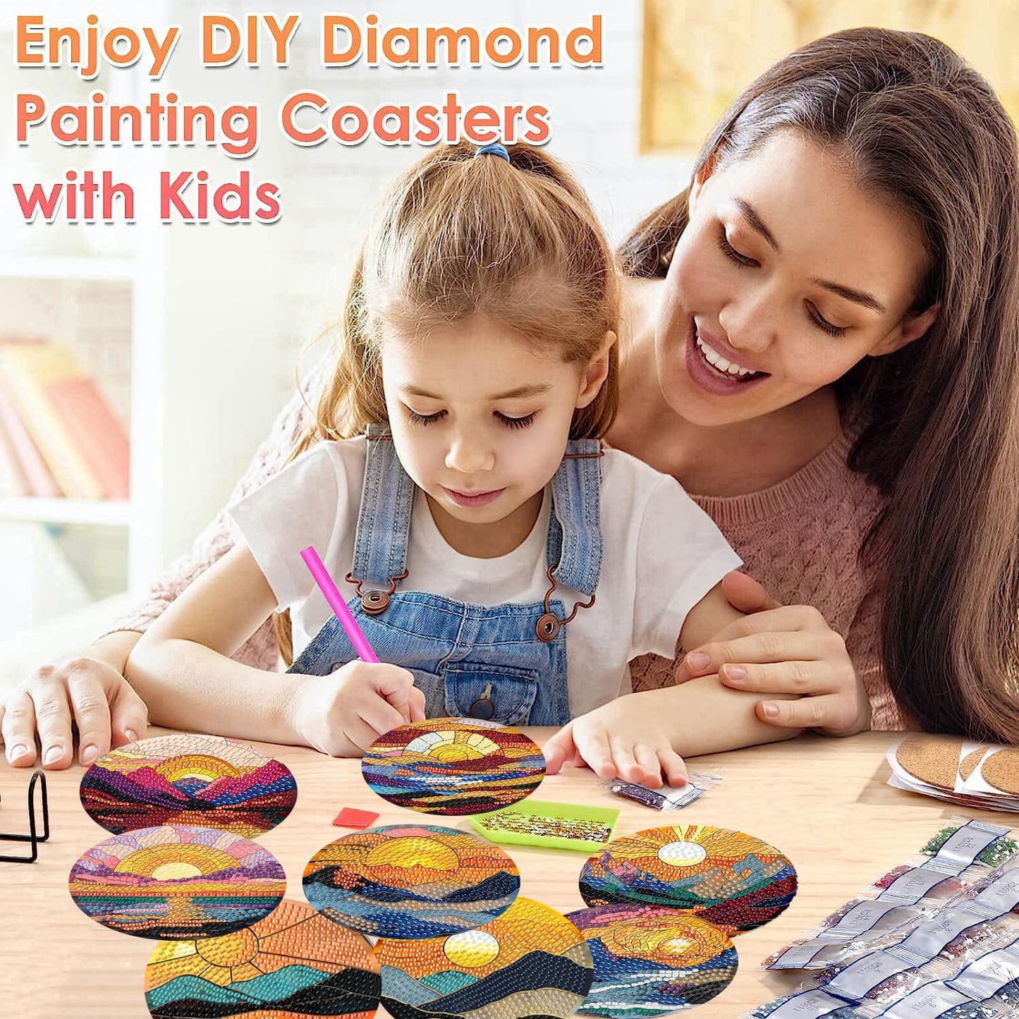 ijbnhd 8 Pcs Sunset Diamond Art Coasters Kits, Sunset Diamond Painting Coasters Kit with Holder, Non Slip Coaster Crafts Kits for Adults Gifts 4x4 inch (Cork Wooden Pad)