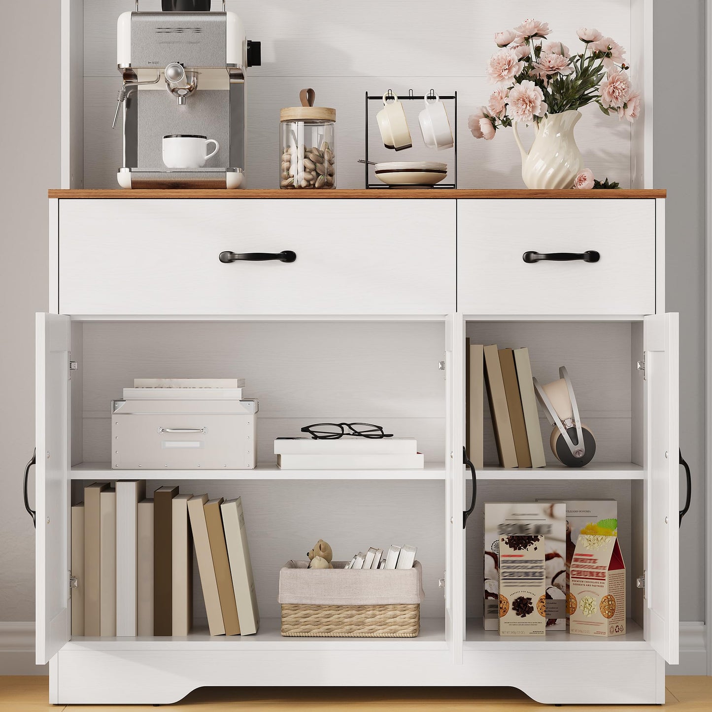 IDEALHOUSE 71" Kitchen Pantry Storage Cabinet with Charging Station, Farmhouse Kitchen Hutch Cabinet with 2 Storage Drawers, Large Food Pantry with Microwave Stand for Dining Room,Living Room,White