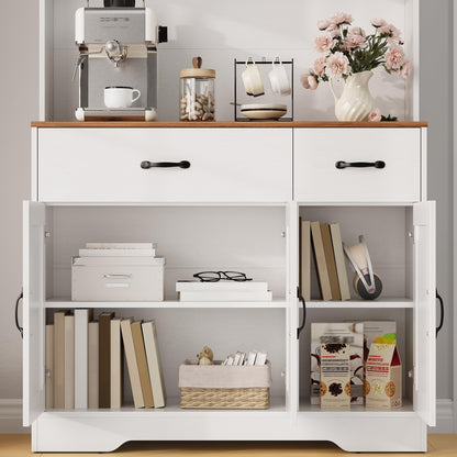 IDEALHOUSE 71" Kitchen Pantry Storage Cabinet with Charging Station, Farmhouse Kitchen Hutch Cabinet with 2 Storage Drawers, Large Food Pantry with Microwave Stand for Dining Room,Living Room,White