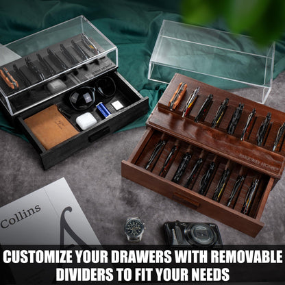 Pocket Knife Display Case for 16 Knives - Wooden Knife Collection Case Clear Cover - Two-Tier Knife Cases for Collections with a Removable Drawer Insert for Other EDC Items, EDC Case - Brown