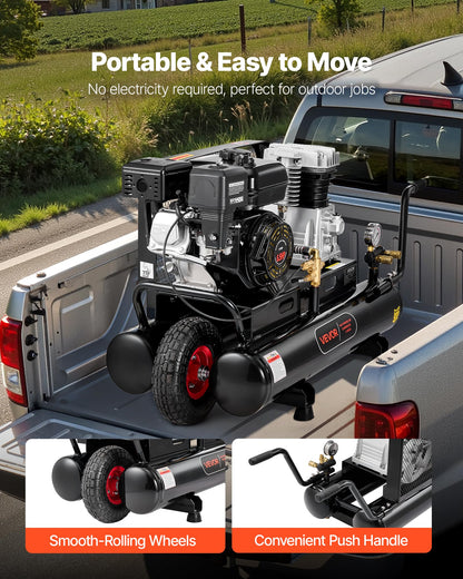 VEVOR 9 Gallon Twin-Tank Gas Powered Air Compressor, 6.5HP 9CFM Gas Driven Air Compressor Tank on Wheels, Max 115PSI Piston Pump Air-Compressed System for Tire Inflation, Auto Repairs, Spray Painting