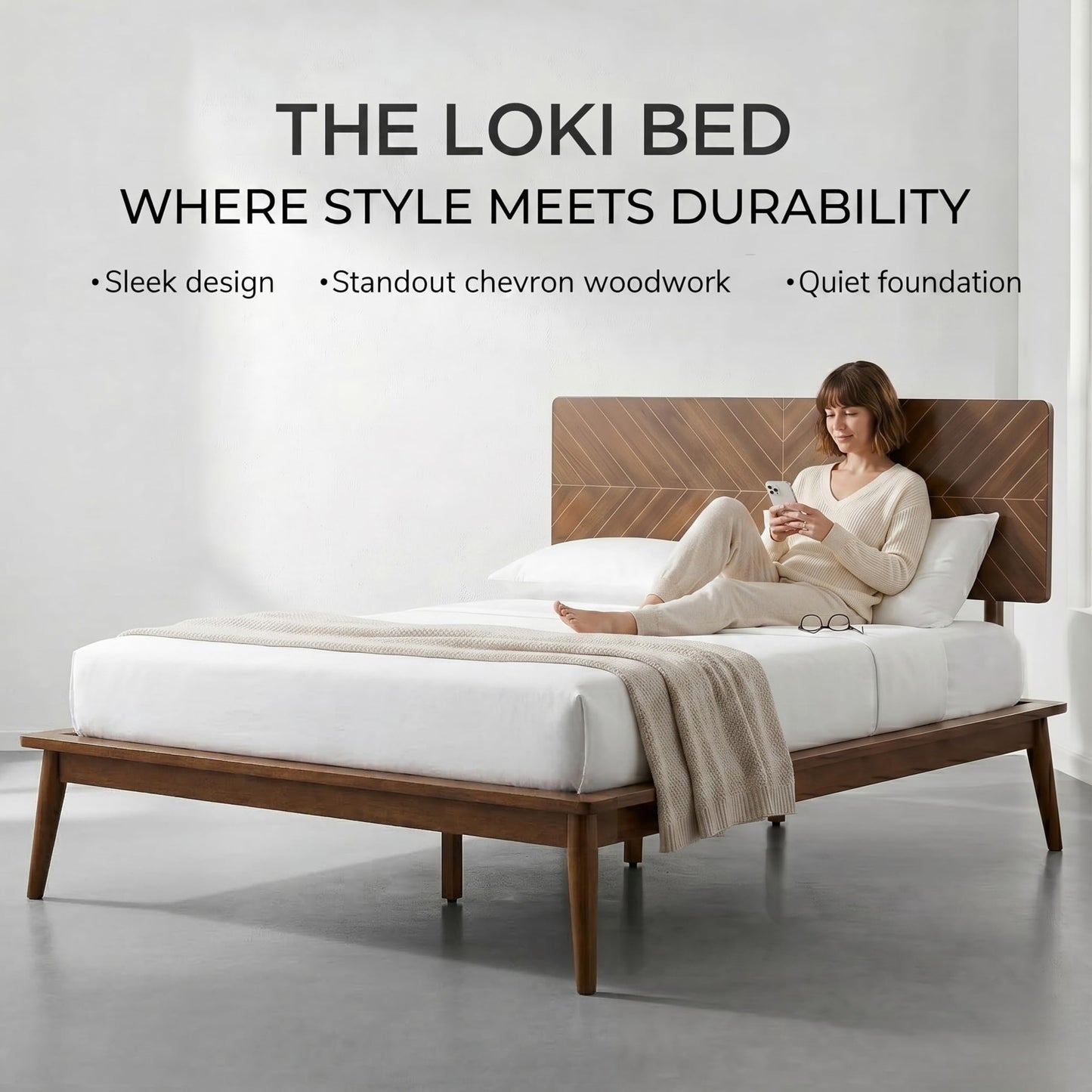 AllForWood Loki Solid Wood Bed Frame King, Premium Platform Bed with Chevron Headboard Design and Wood Slat Support, Easy Assembly, No Box Spring Needed, Mid-Century Modern Minimalist Styles (Walnut)