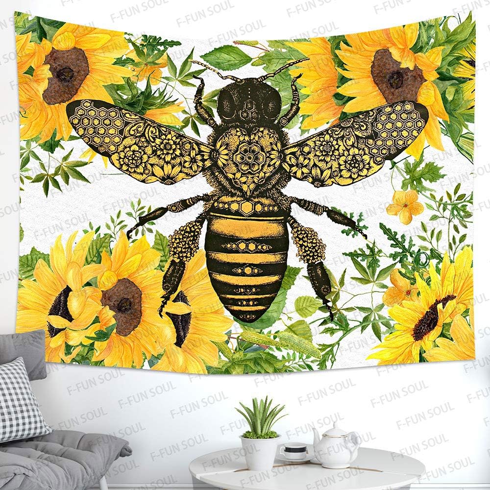 F-FUN SOUL Hippie Bee Tapestry, Large 80x60in Soft Flannel Sunflower Watercolor Art Wall Hanging