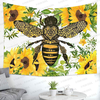 F-FUN SOUL Hippie Bee Tapestry, Large 80x60in Soft Flannel Sunflower Watercolor Art Wall Hanging