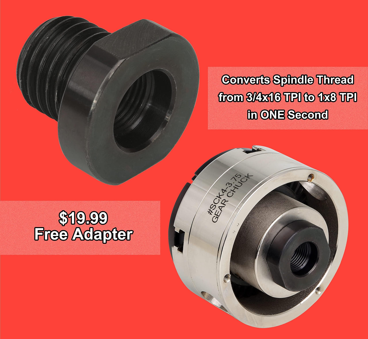 VINWOX SCR4-4NV-SET 4" Wood Lathe Scroll Chuck Set, 4-Jaw Self-Centering Chuck-Set, with Nickle electric Coating Body & 1"x8TPI thread & 3/4"x16TPI Adapter