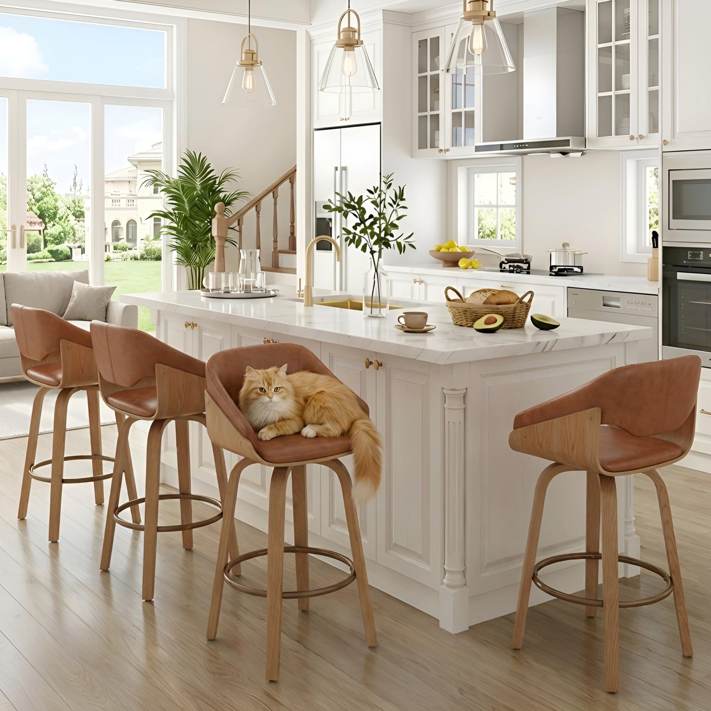 HNY 26 Inch Swivel Bar Stools with Back Set of 4, Brown Faux Leather Upholstered Counter Height Barstools with Solid Bentwood Frame, Round Footrest, Modern Barrel Counter Stools for Kitchen Island