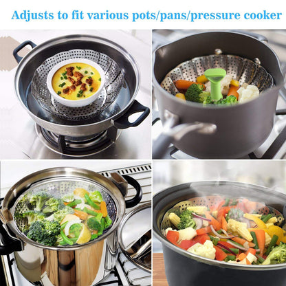 Consevisen Vegetable Steamer Basket for Cooking Food, Stainless Steel Veggie Steam Basket for Pot, Folding Expandable Steaming Insert with Extendable Handle Fits Various Size Pot, 5.1" to 9"