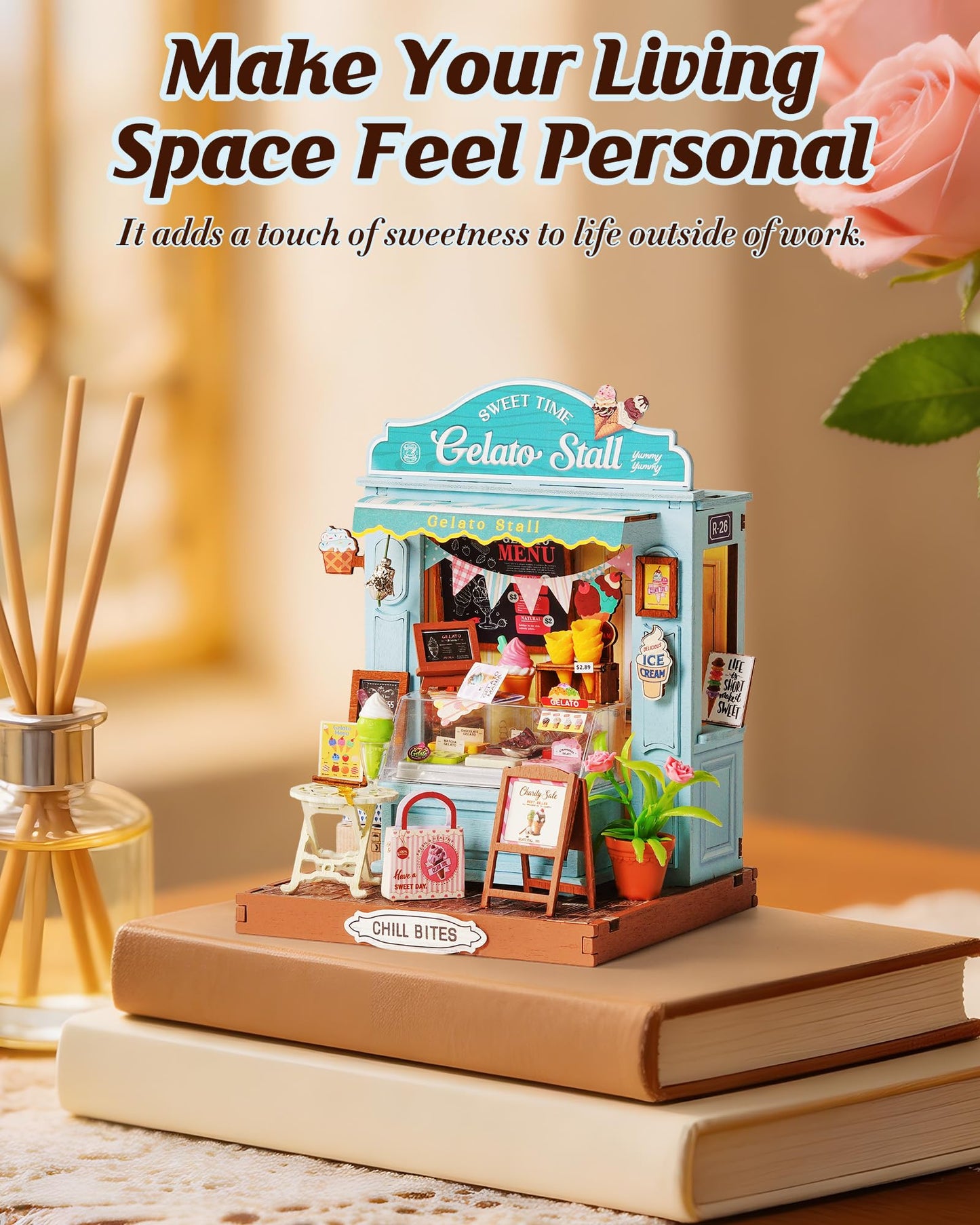 Rolife DIY Miniature Kit Mini Building Dollhouse Gelato Stall, Miniverse Lifestyle Mini Bookshelf Decoration, DIY Hobbies for Craftsman (Gelato Stall)
