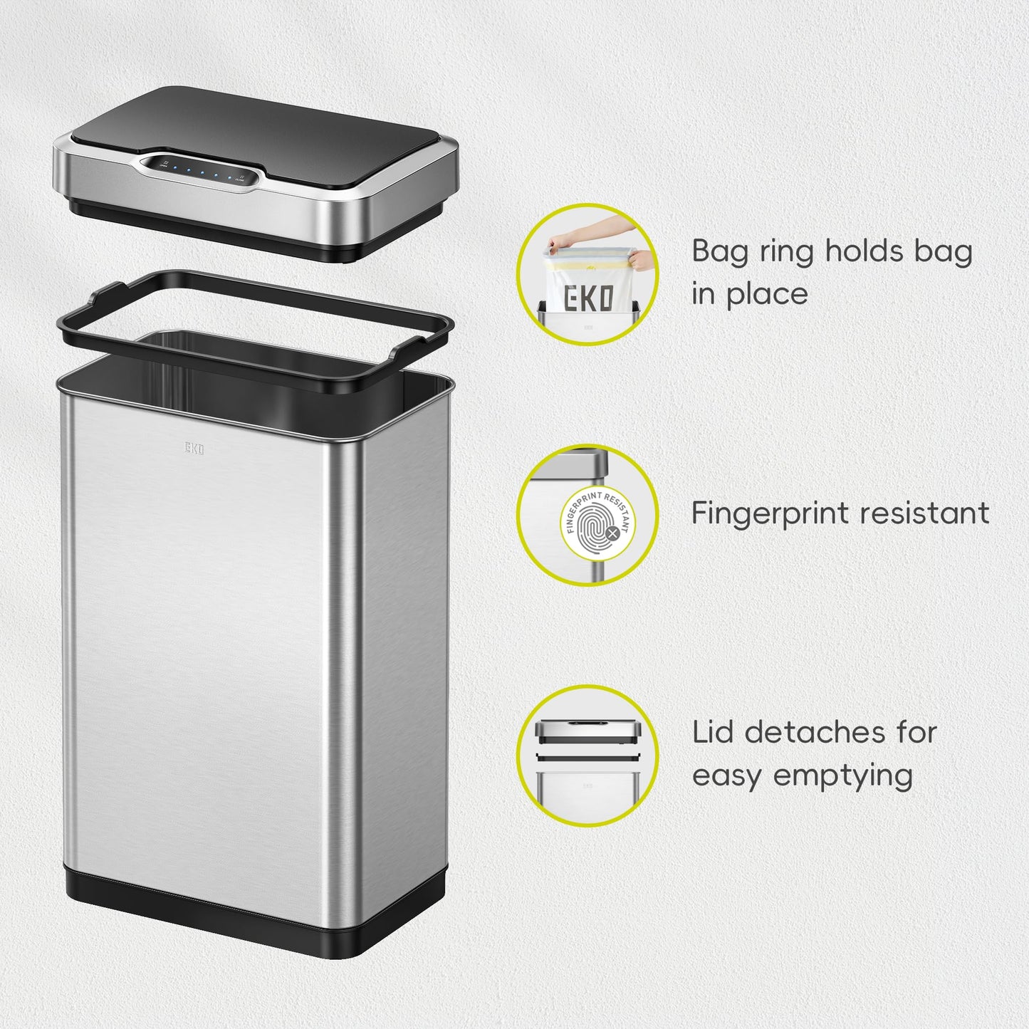 EKO Mirage-T 50 Liter / 13.2 Gallon Touchless Rectangular Motion Sensor Trash Can, Brushed Stainless Steel Finish