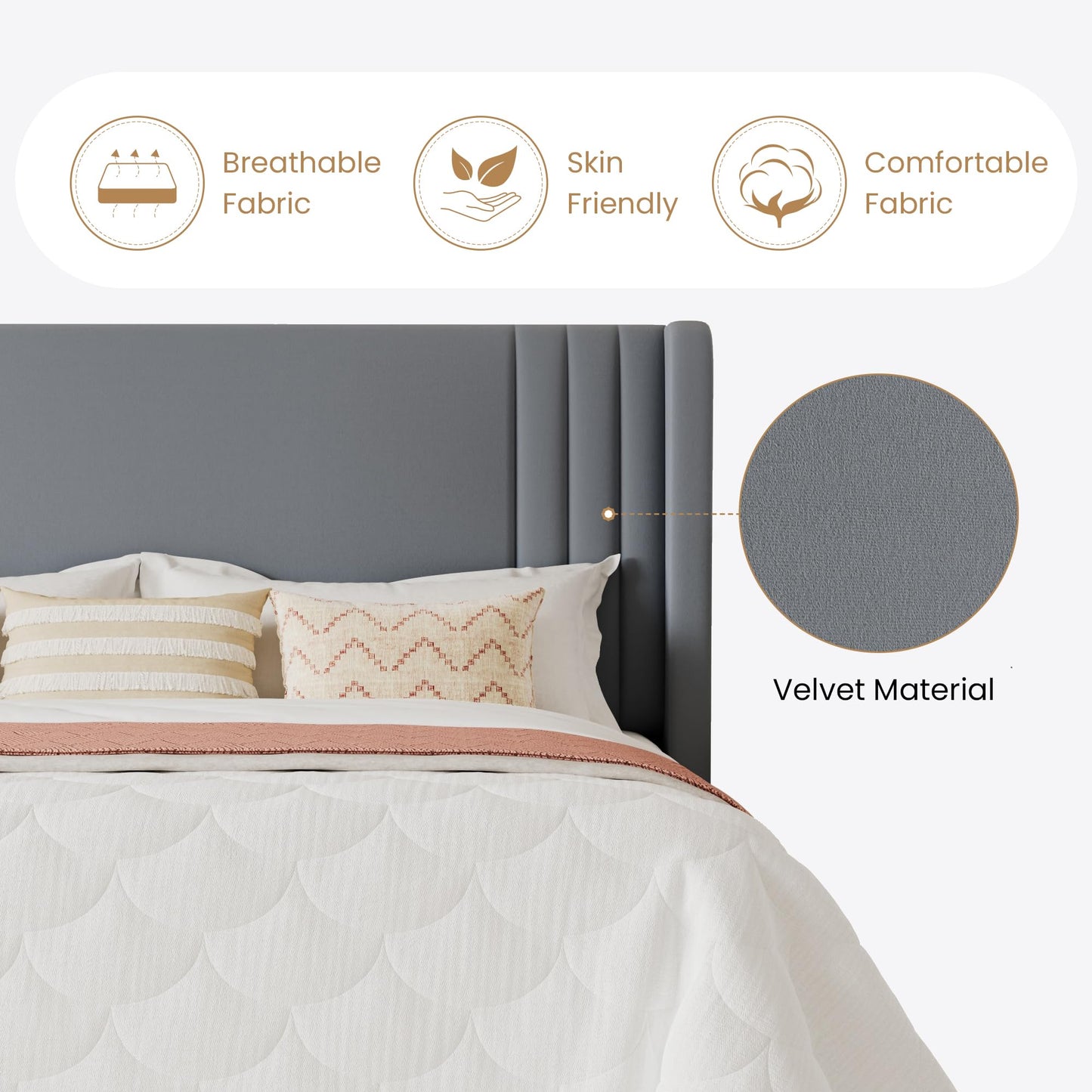 SHA CERLIN King Size Velvet Upholstered Platform Bed Frame with Vertical Channel Tufted Wingback Headboard, Wooden Slats Support, Easy Assembly, Under Bed Storage, No Box Spring Required, Grey