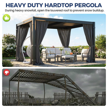 10' x 12' Louvered Pergola, Outdoor Pergola with Metal Adjustable Louvered Roof & Gutter System, Hardtop Patio Gazebo for Backyard, Patio, Garden, Dark Gray