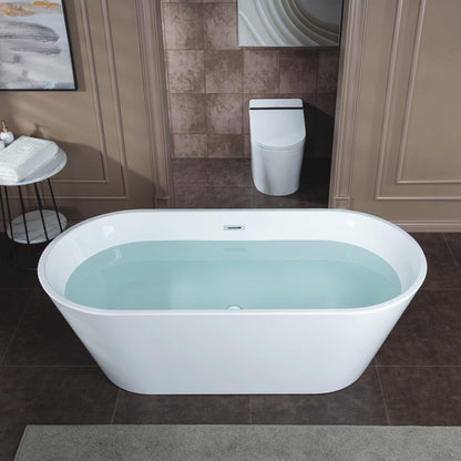 WOODBRIDGE 67" Acrylic Freestanding Bathtub Contemporary Soaking White Tub with Chrome Overflow and Drain