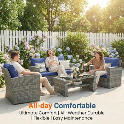 Wisteria Lane Patio Furniture Set, Wicker Outside Outdoor Furniture for All Weather, Patio Sofa with High Backrest Support and Wide Armrest for Backyard, Balcony, Deck, Porch, Navy Blue