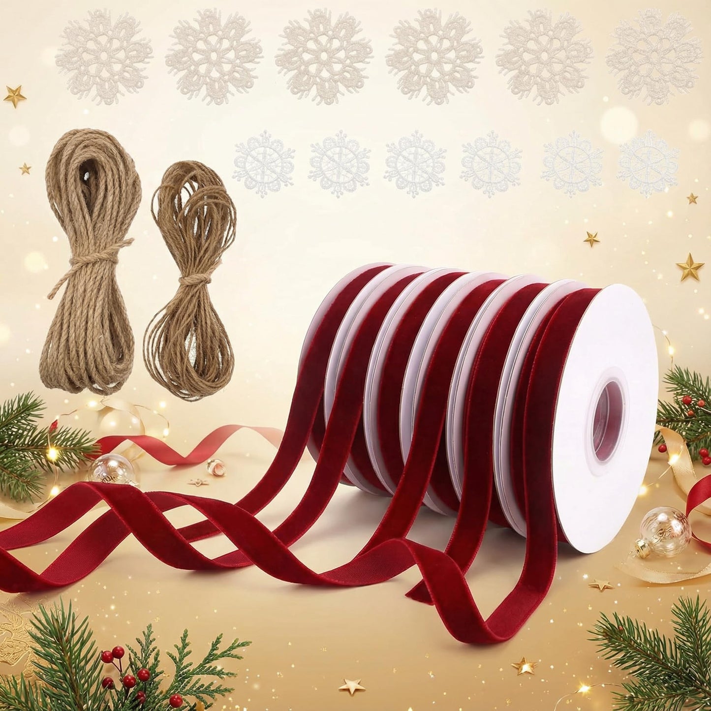 Christmas Velvet Ribbon Craft Kit – 6 Rolls Burgundy Felt Ribbon with Jute Twine Snowflake Fabric Patches, Complete Holiday Gift Wrapping Decoration Set, High-Value Bundle for Xmas Crafts Home Décor