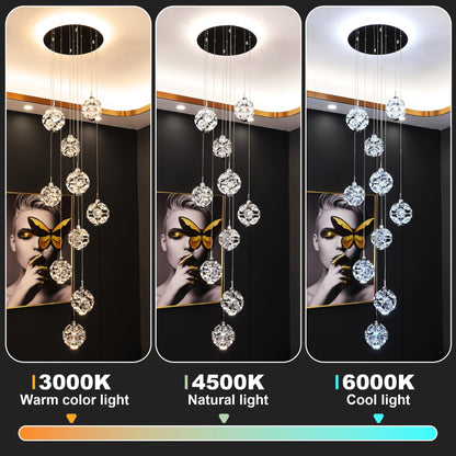 KAUCQI 10-Light High Ceilings Long Chandeliers Modern Crystal Staircase Chandelier Hanging Flush Mount Lighting Fixtures for Spiral Staircase,Foyer,Entryway