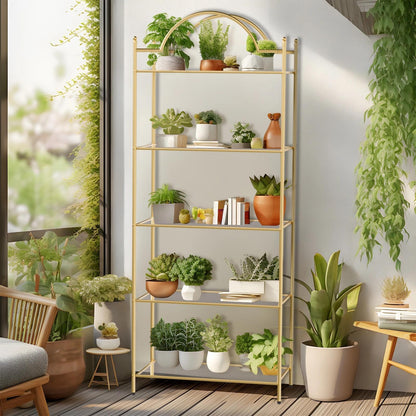 GIFTTROVE 5 Tier Bookshelf, Gold Book Shelf for Storage, Metal Tall Storage Display Bookcase, Modern Open Arched Book Case for Bedroom, Living Room, Glass Office Organization Shelf, 66.3" X 26" X 13"