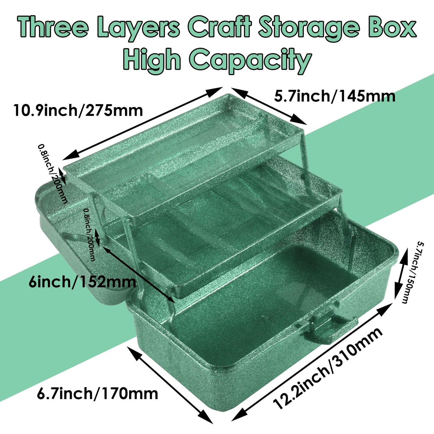 Glitter Art & Craft Tool Storage Box,3-Layer Stackable Carry Tackle Box Sewing Box Organizer for Art Supply, Makeup,Sewing Supply (Green)