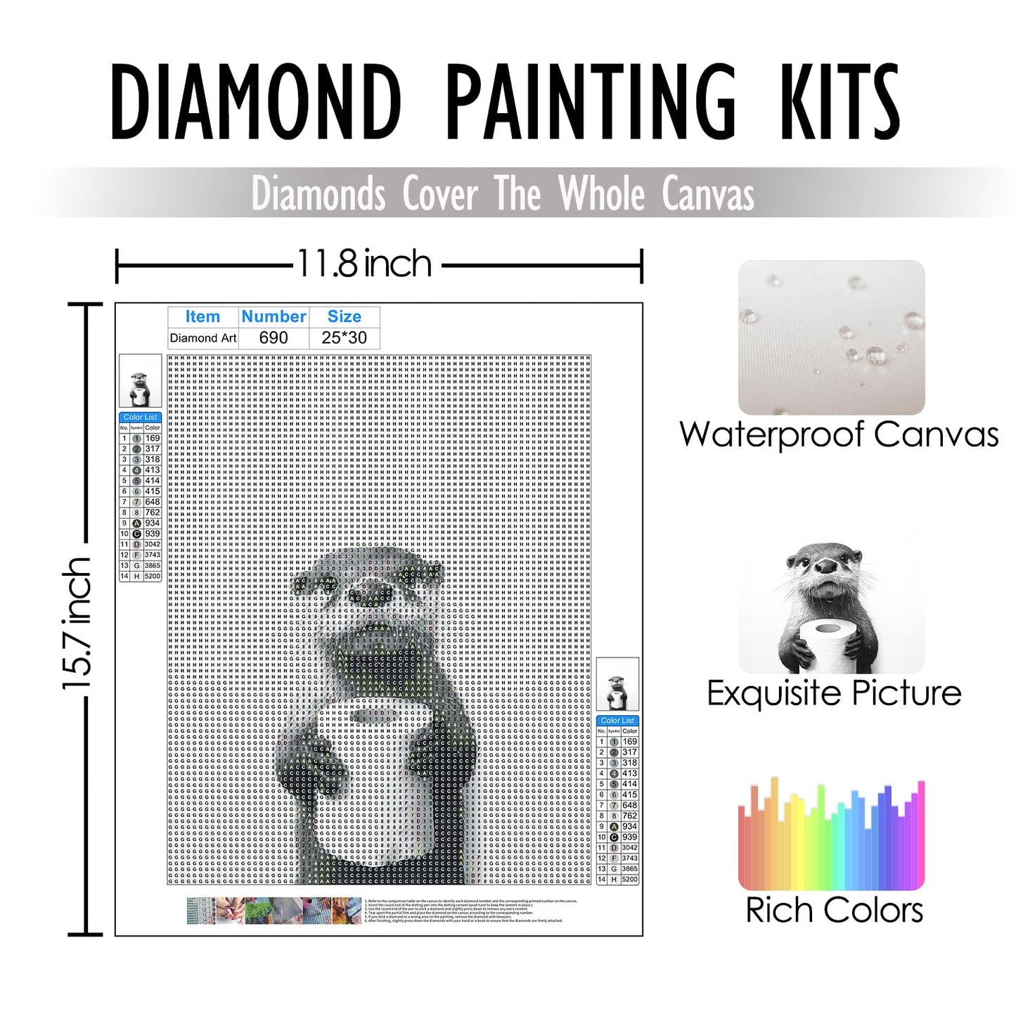 bitCNY Funny Otter Diamond Art Kits, Cute Otter Holding Toilet Paper Black White Diamond Dots Gem Painting Art Kits for Adults, Bathroom Humor Wall Decor 9.8x11.8 Inch